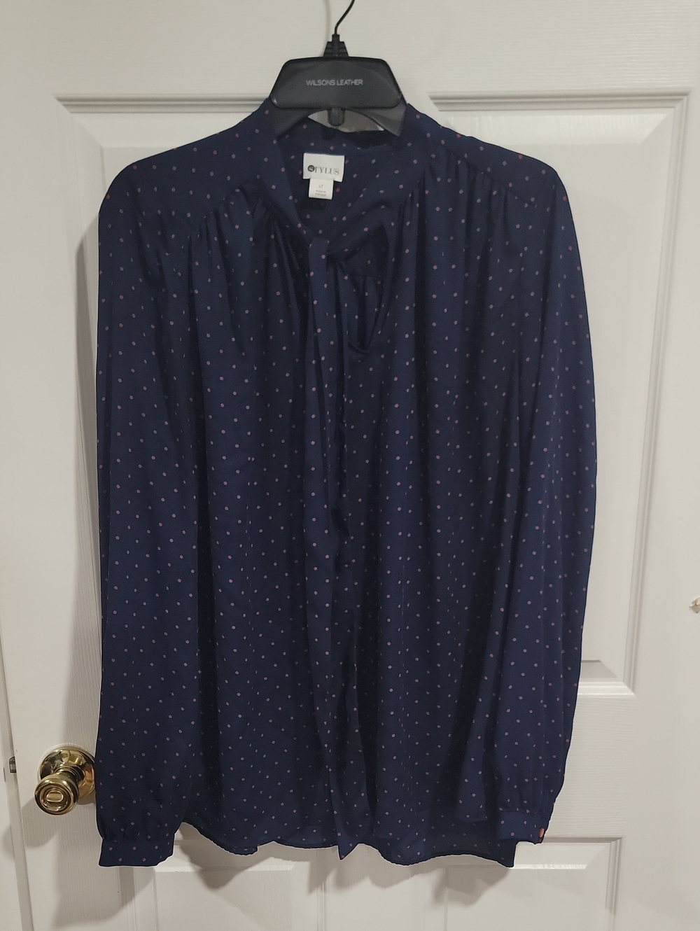 STYLUS LT Navy Blouse with Red Polka Dots and Tie Neck